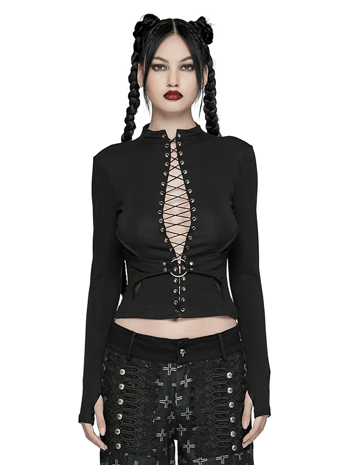 Belted Lace-Up Front Long Sleeve Crop Top