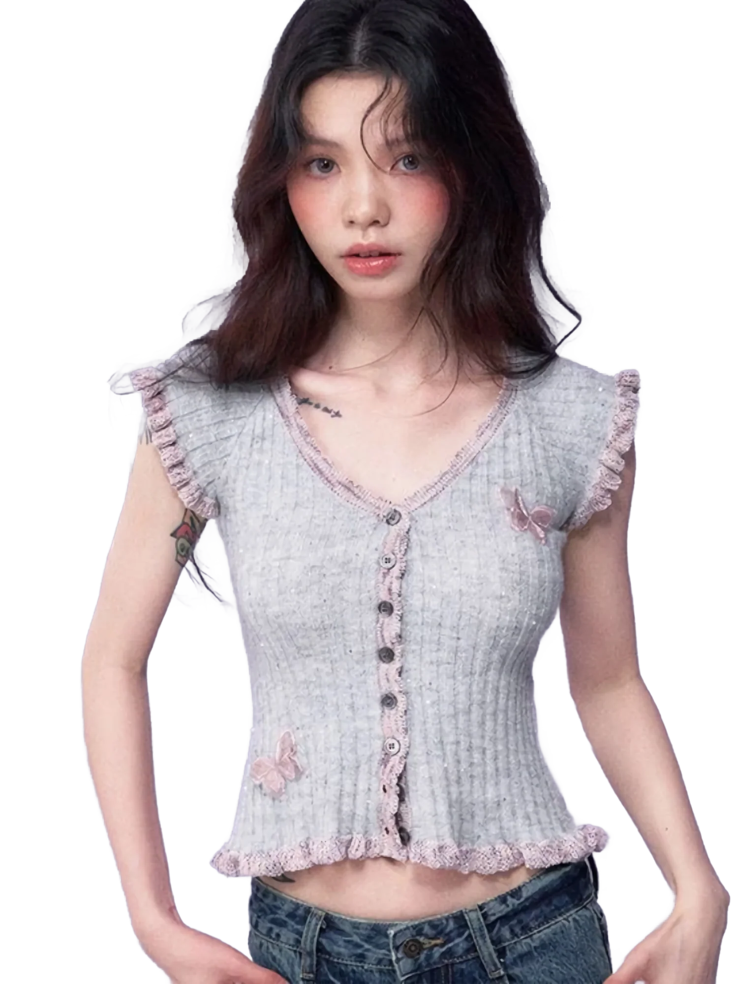 Butterfly Embellished Short Sleeve Knit Blouse