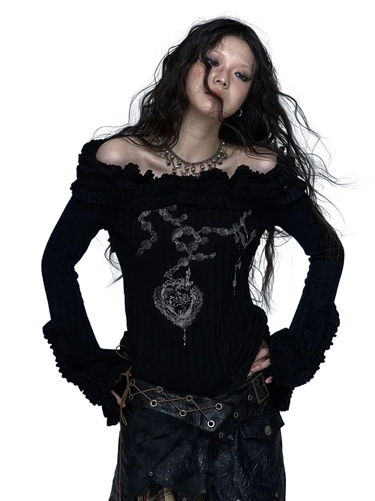 Dark Masterpiece Off-Shoulder Long Sleeve Tee