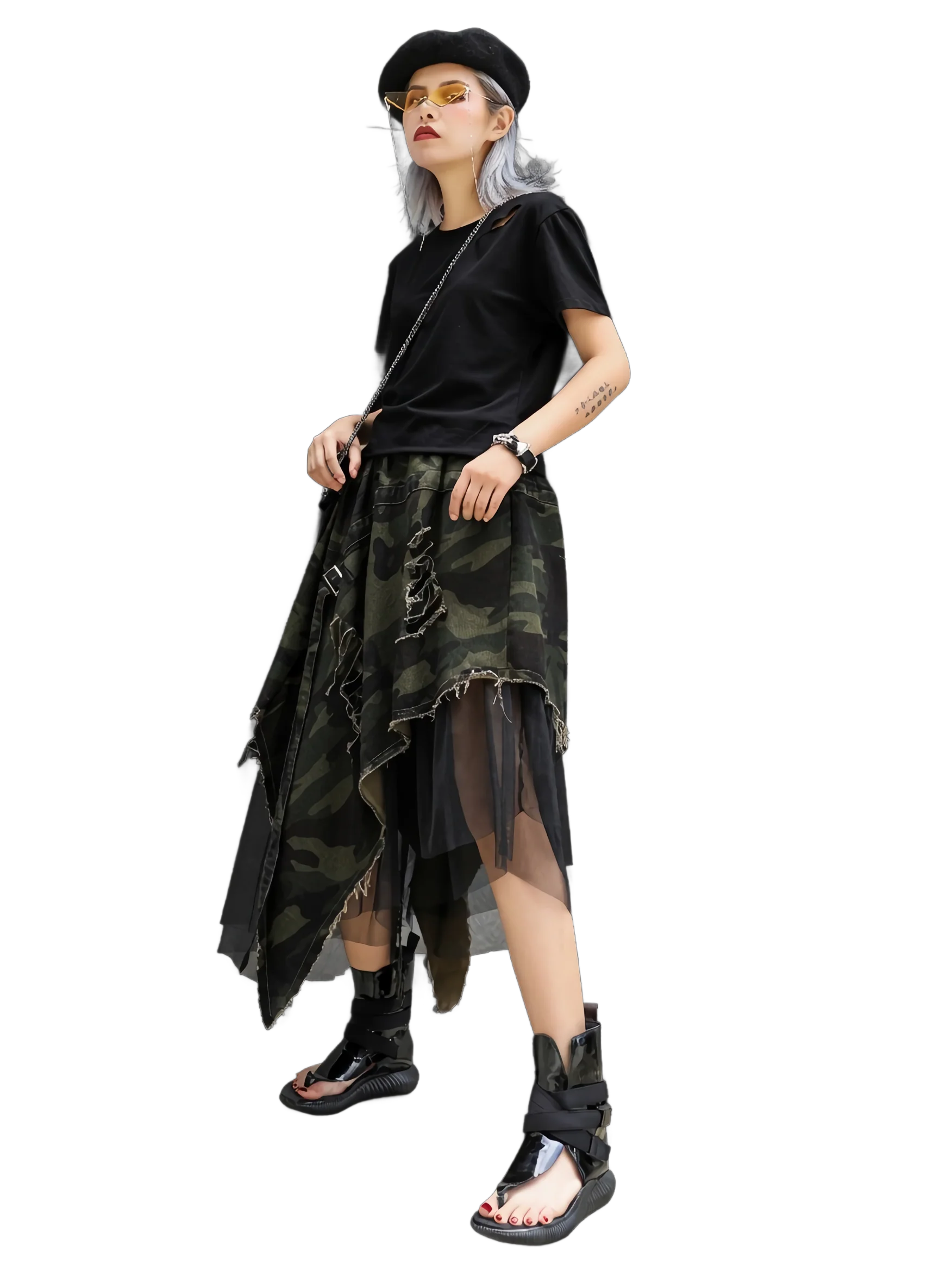 'Vanguard' Distressed Camo Denim Tulle Maxi Skirt - Image 3